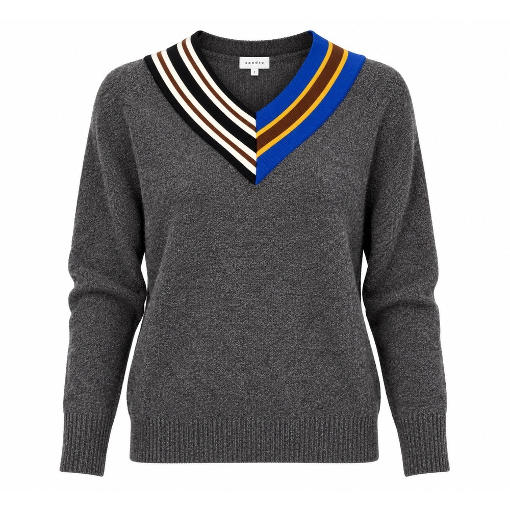 Sandro Nepeta Grey V-Neck Striped Asymmetrical Collar Sweater D313M Size 1 - Picture 2 of 10